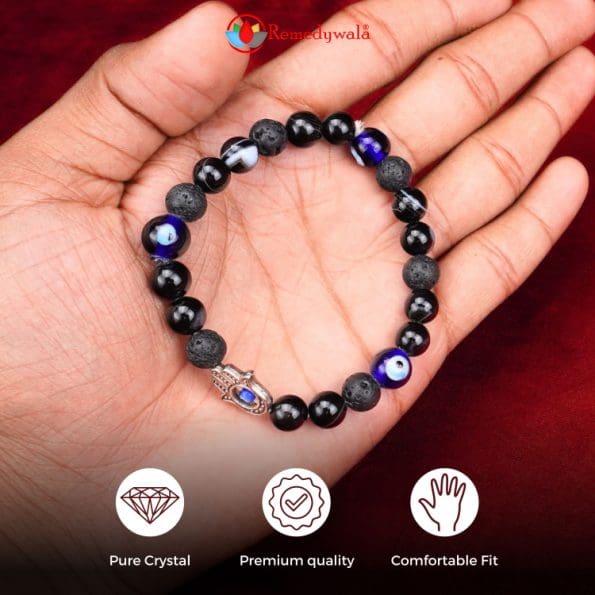 Lava Black Onyx Evil Eye with Humsa Combination Bracelet 8mm