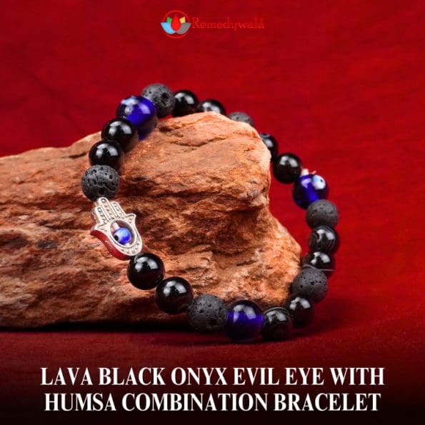 Lava Black Onyx Evil Eye with Humsa Combination Bracelet 8mm