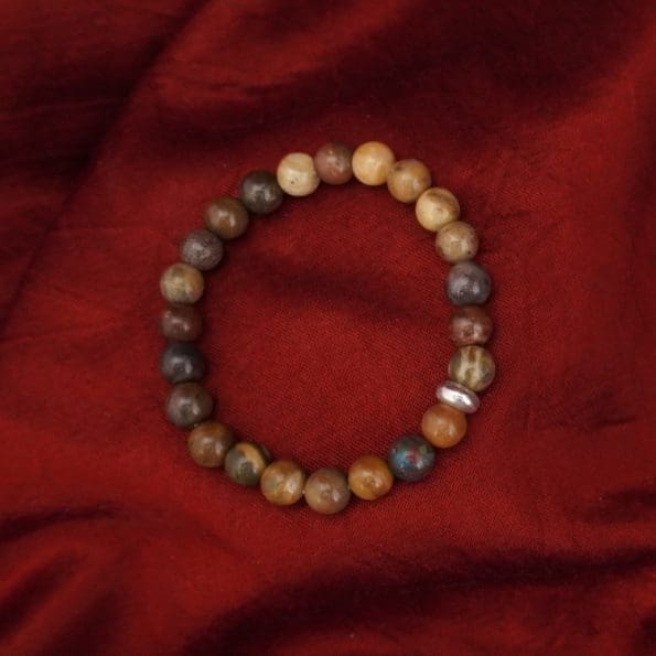 Petrified Wood Bracelet 8mm, Petrified Wood Bracelet with Ring Charm