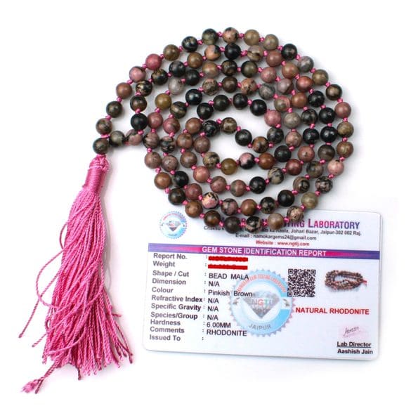 Rhodonite Crystal Mala With Certificate - Remedywala