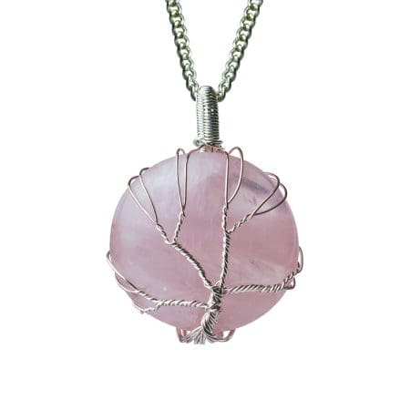 Rose Quartz Round Shaped Tree Of Life Pendant