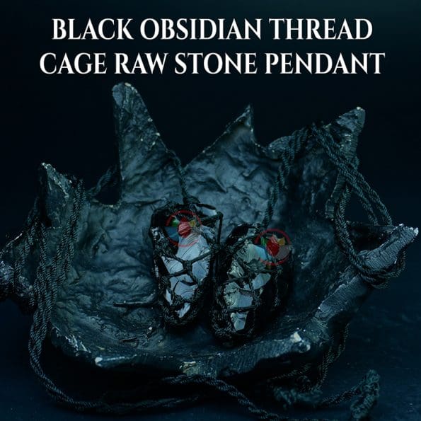 Black Obsidian Thread Cage Raw Stone Pendant