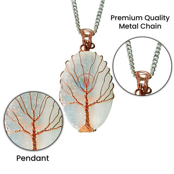 Selenite Oval Shaped Tree Of Life Pendant