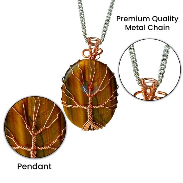 Tiger Eye Oval Shaped Tree Of Life Pendant