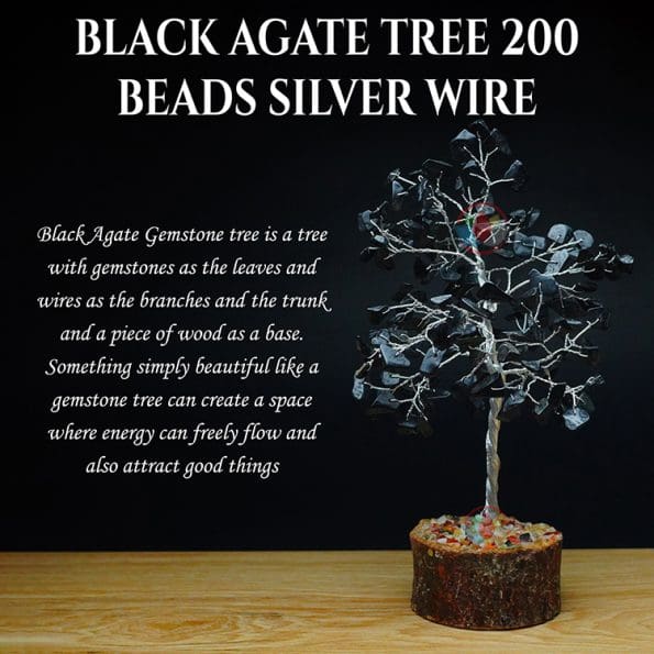 Black Agate Tree 200 Beads Silver Wire