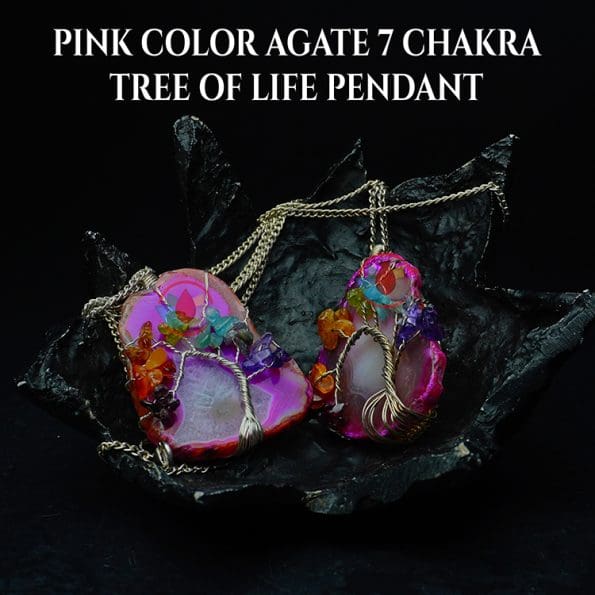 Pink Color Agate 7 Chakra Tree of Life Pendant