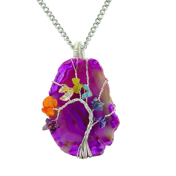 Pink Color Agate 7 Chakra Tree of Life Pendant