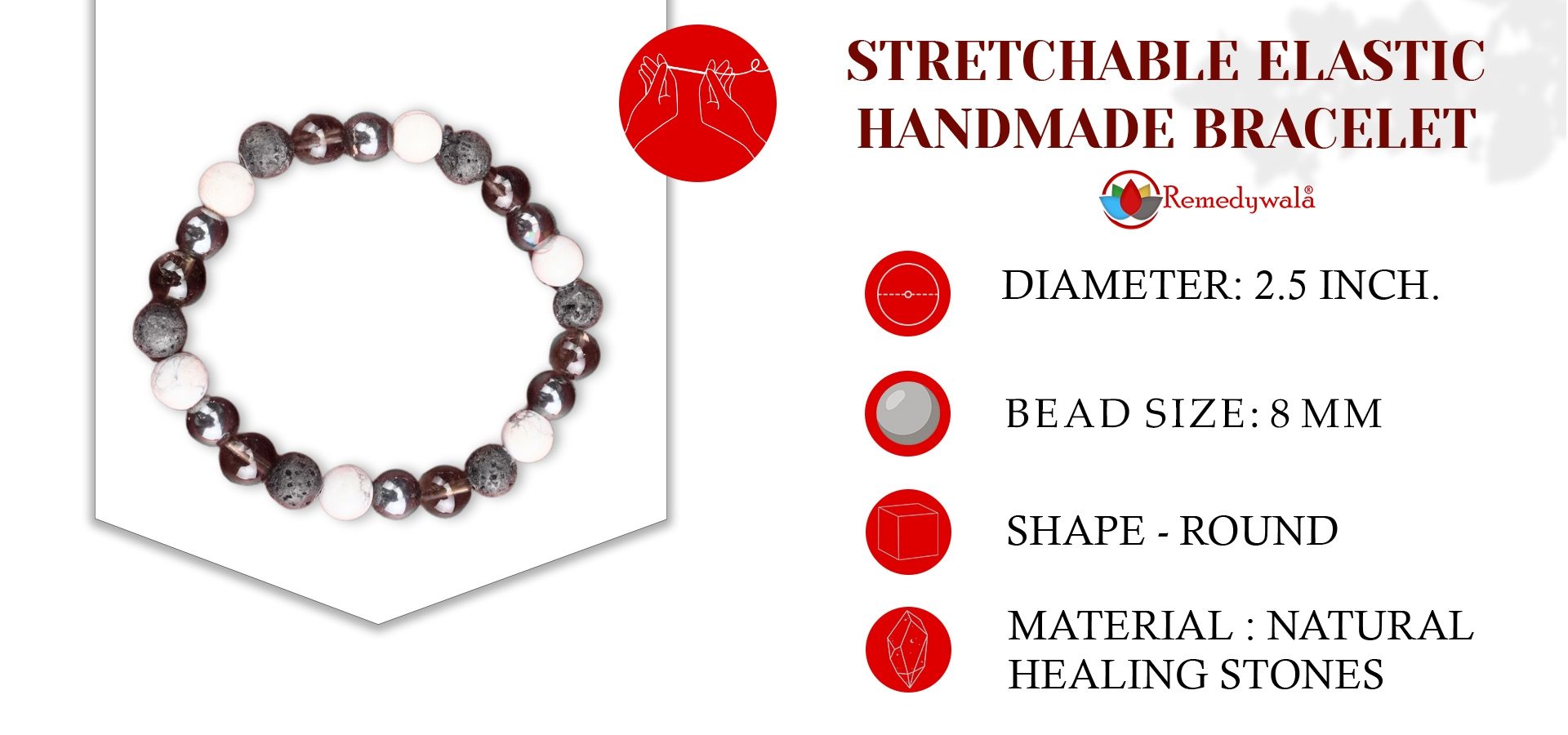 Smoky Quartz, Lava, Hematite, Howlite Combination Bracelet