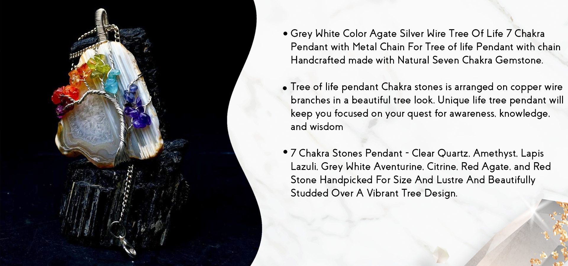 Grey White Color Agate 7 Chakra Tree Of Life Pendant