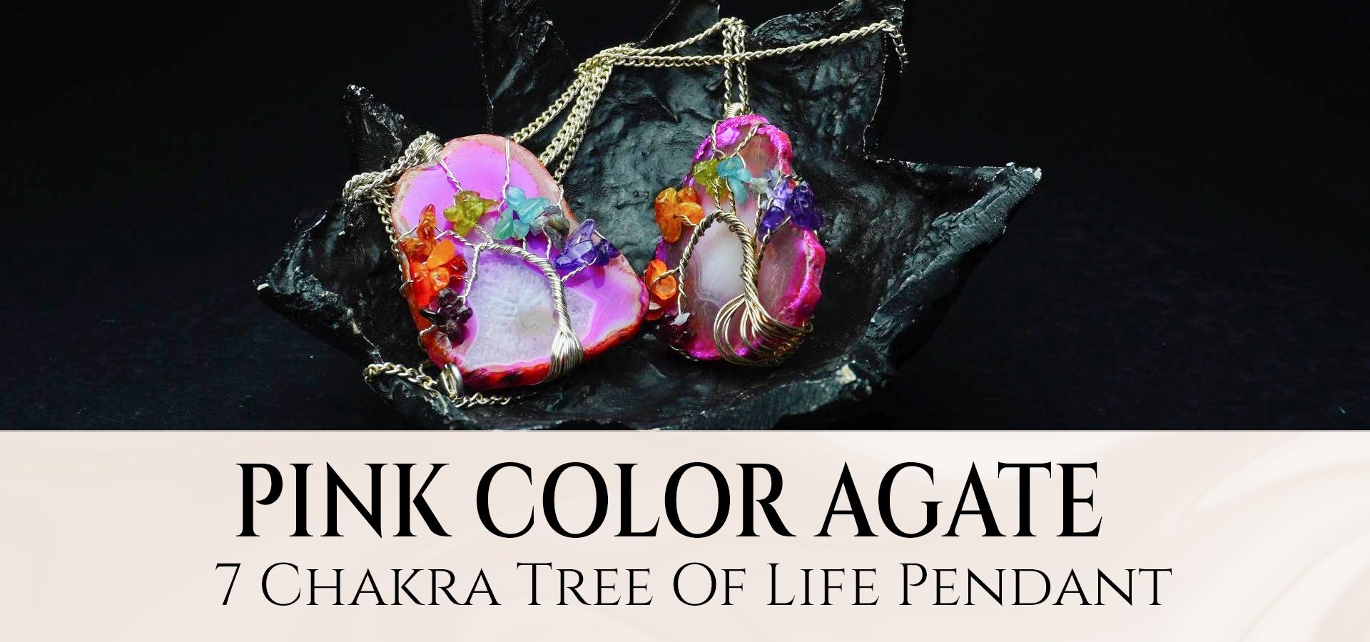 Pink Color Agate 7 Chakra Tree of Life Pendant