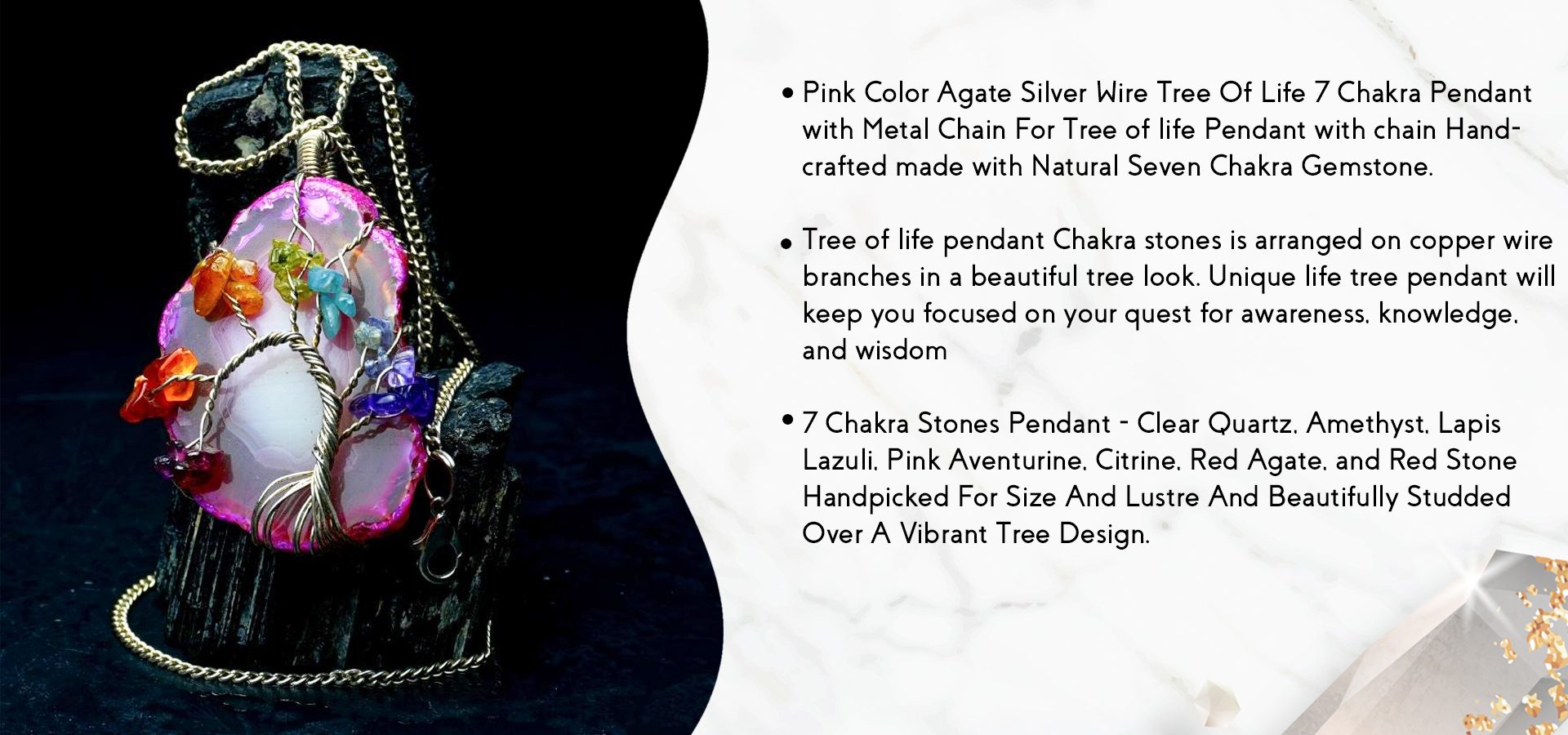 Pink Color Agate 7 Chakra Tree of Life Pendant