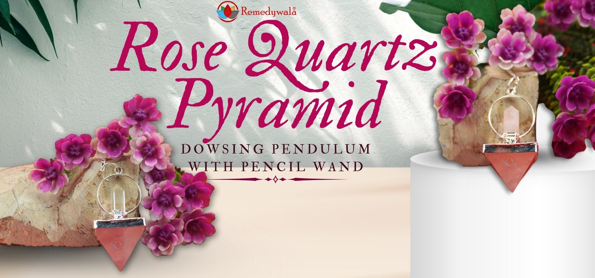 Rose Quartz Pyramid Dowsing Pendulum With Pencil Wand (1)